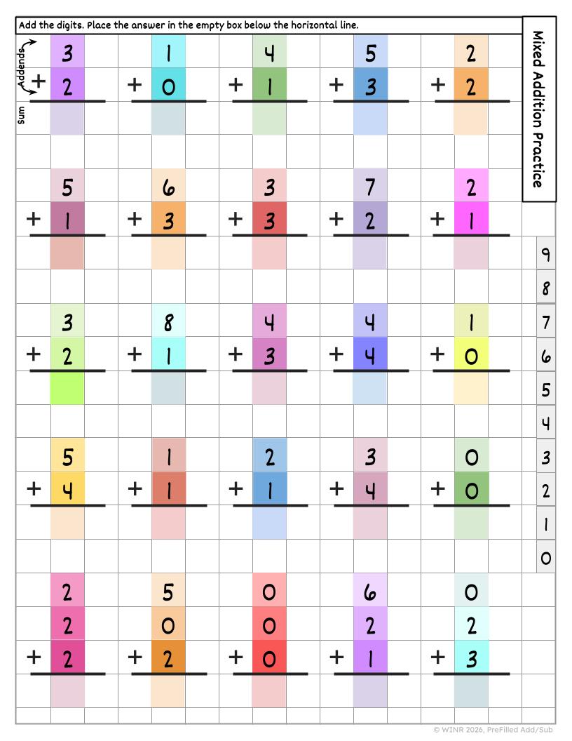 Pre-Filled SINGLE DIGIT Addition Subtraction Grid Paper Practice 50+ pages!