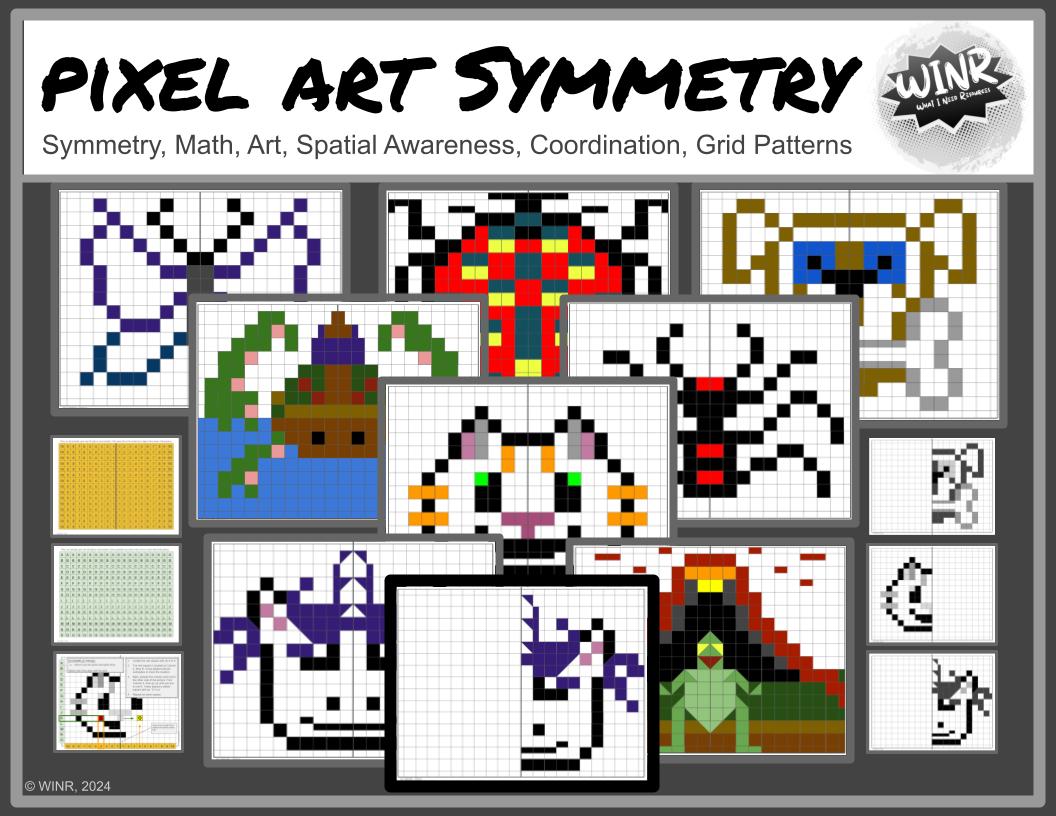 Pixel Art Symmetry (8 designs): Spatial Awareness, Coordinate Grid, Math, Art
