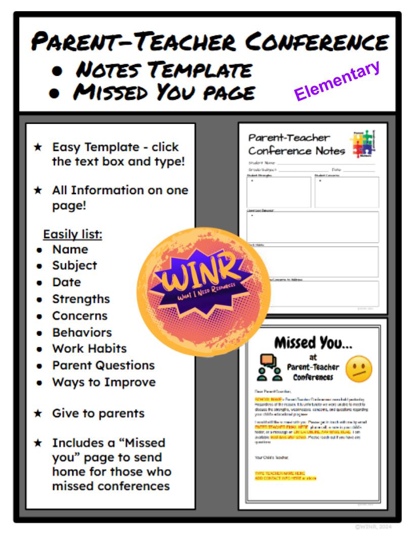 EDITABLE Elementary Parent-Teacher Conference Notes Template & Missed You page