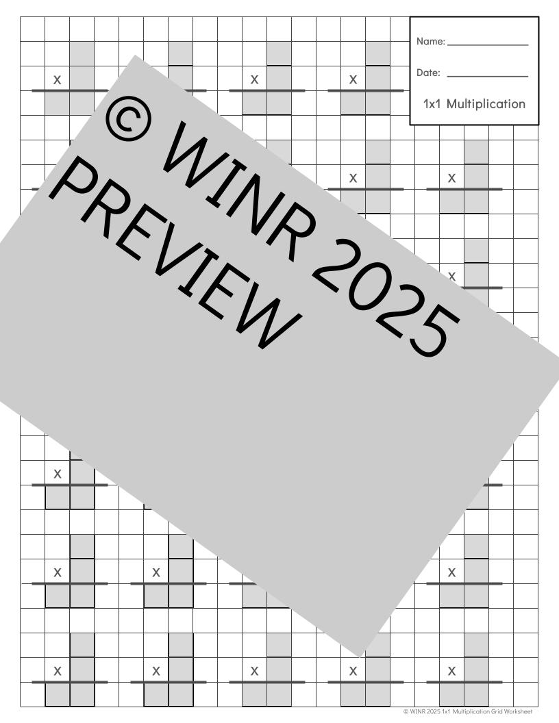 Multidigit Multiplication Practice on Shaded Grid Paper  --  Standard Algorithm  --  1x1 2x1 2x2 3x1 3x2 3x3 digit