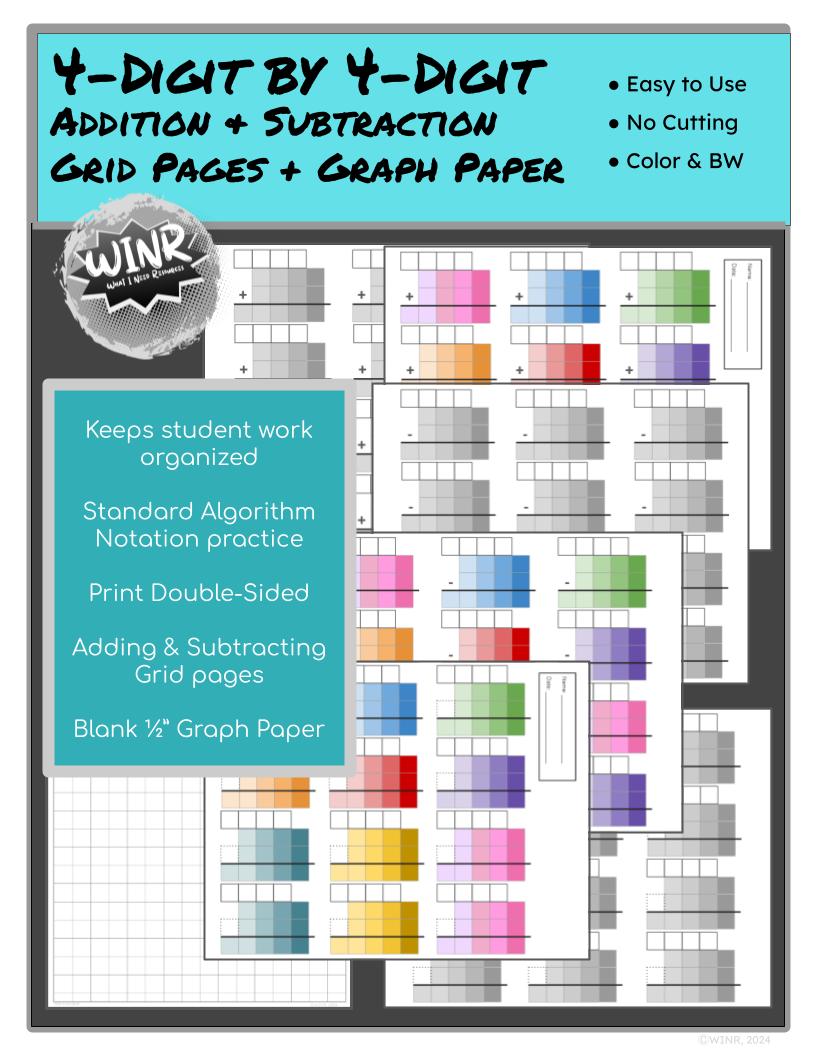 4-digit by 4-digit Add & Subtract Worksheets 1/2" Grid Paper, color & grayscale