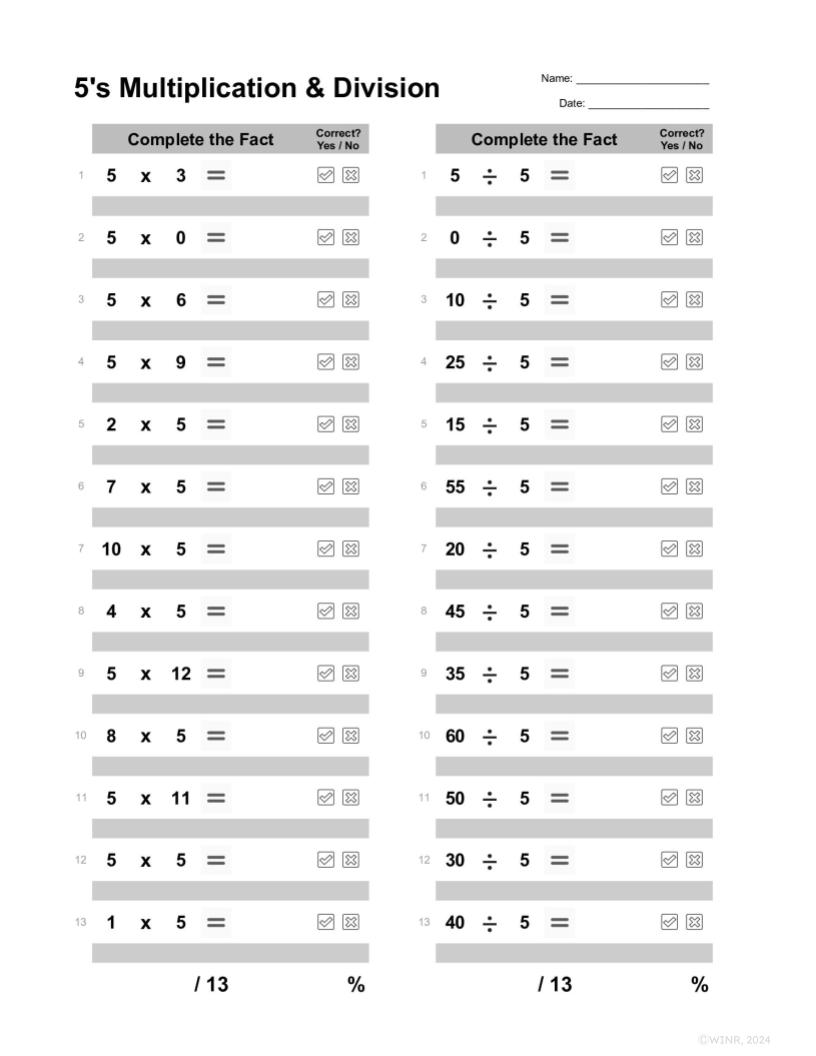 Multiplication & Division Facts Tests- 0-12 on own page, Mixed 0-12, & Doubles Facts
