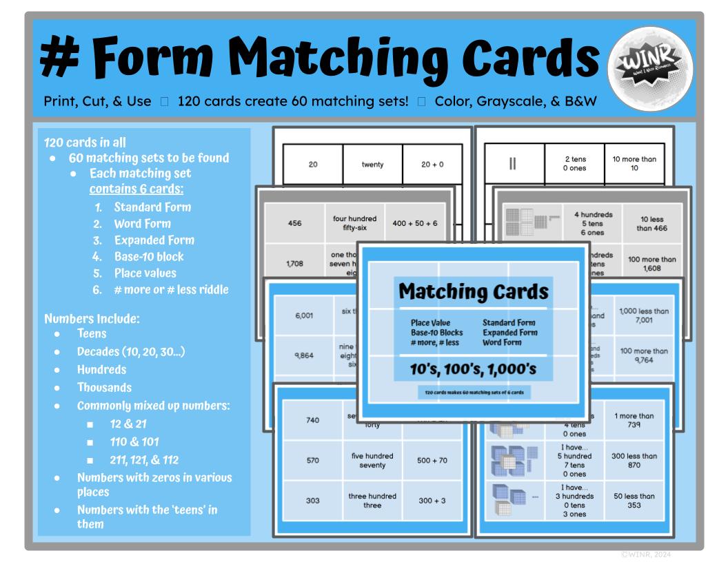 Number Form Matching Cards. Stnd, Word, Expanded, Base10, PlaceValue, #More/Less