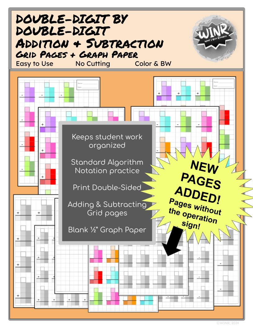 DOUBLE x DOUBLE-digit Add/Subtract Grid Pages, Color & BW, 1/2" Blank Grid Paper