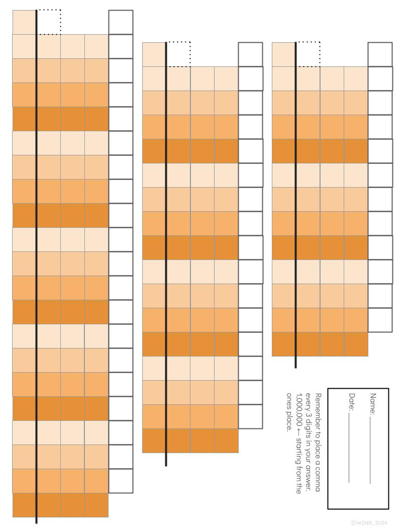 Add & Subtract HUGE 12-, 16-, & 20-digit numbers on organized grid pages + BLANK 1/2" Grid Paper