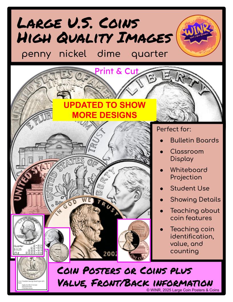 US Coins Large Display Information Money Front & Back Penny Dime Nickel Quarter
