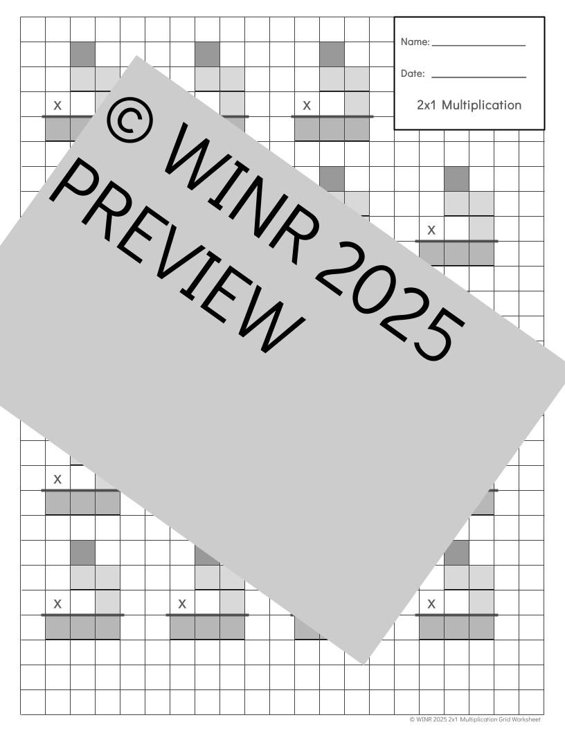 Multidigit Multiplication Practice on Shaded Grid Paper  --  Standard Algorithm  --  1x1 2x1 2x2 3x1 3x2 3x3 digit