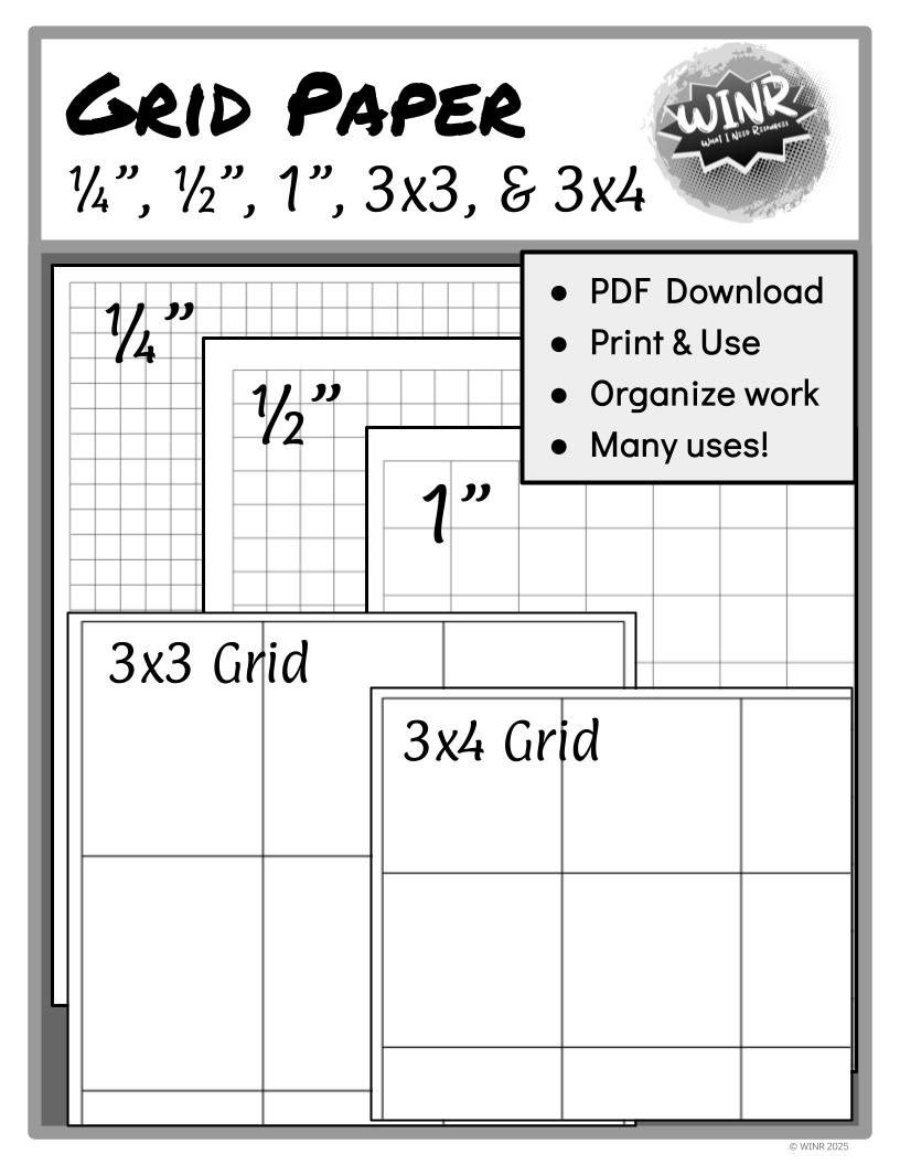 1/4", 1/2", 1", 3x3, 3x4 Grid/graph paper -- Print & Use -- Various Uses: Lattice math, Standard Algorithm Practice, Art, Pixel Symmetry