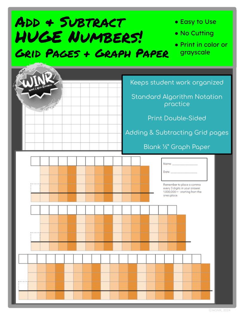 Add & Subtract HUGE 12-, 16-, & 20-digit numbers on organized grid pages + BLANK 1/2" Grid Paper