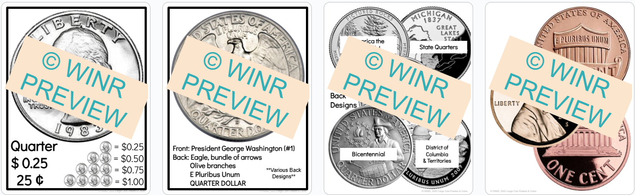 US Coins Large Display Information Money Front & Back Penny Dime Nickel Quarter