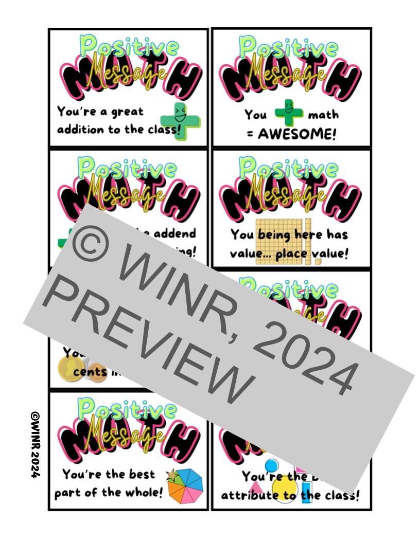 Welcome, Valentine's, Positive Message MATH CARDS - 8 different math puns!