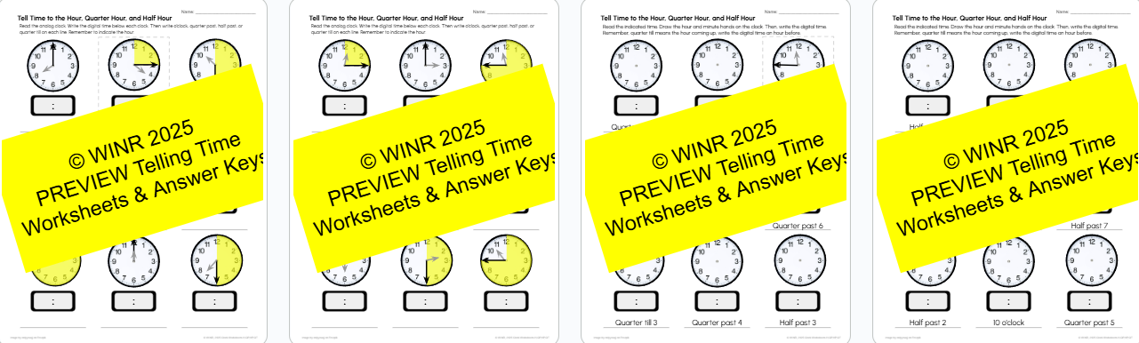 Telling Time Worksheets: Hour, Quarter Past, Half Past, Quarter Till, drawing hands Practice