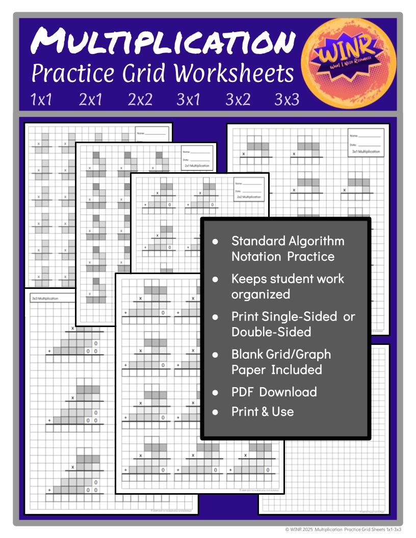 Multidigit Multiplication Practice on Shaded Grid Paper -- Standard Algorithm -- 1x1 2x1 2x2 3x1 3x2 3x3 digit