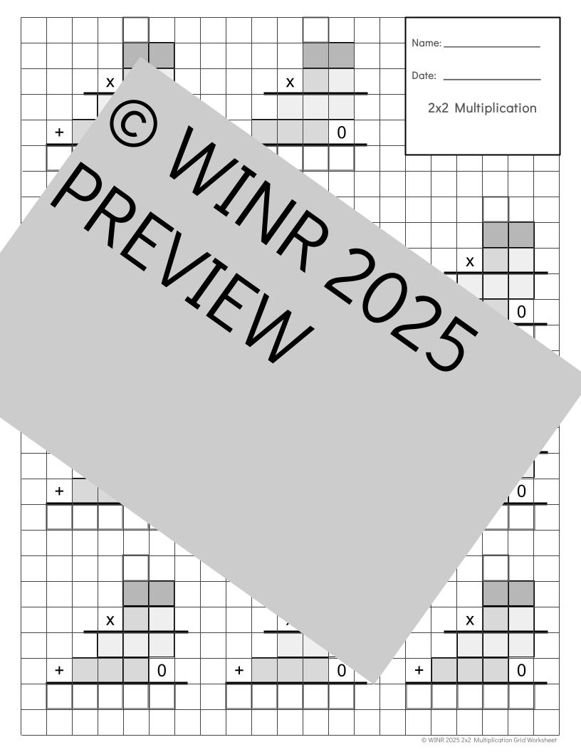 Multidigit Multiplication Practice on Shaded Grid Paper  --  Standard Algorithm  --  1x1 2x1 2x2 3x1 3x2 3x3 digit