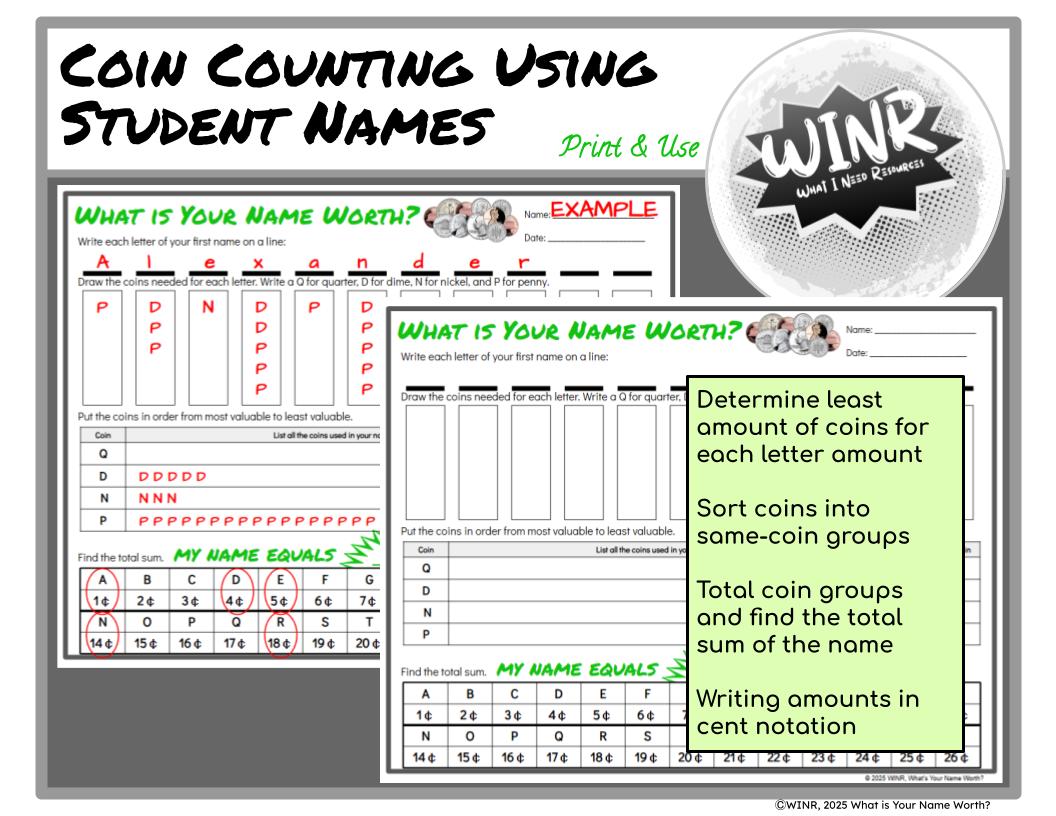 "What is your name worth in coins?' Student Name Coin Value Worksheet. Determine amount, count coins, organize coins