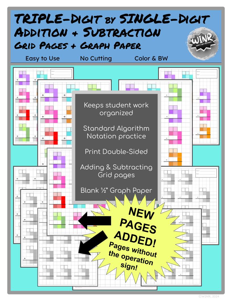 TRIPLE x SINGLE-digit Adding/Subtracting Grid Pages, Color & BW, 1/2" Grid Paper