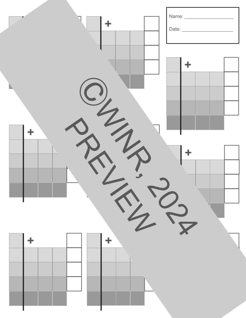 4-digit by 4-digit Add & Subtract Worksheets 1/2" Grid Paper, color & grayscale