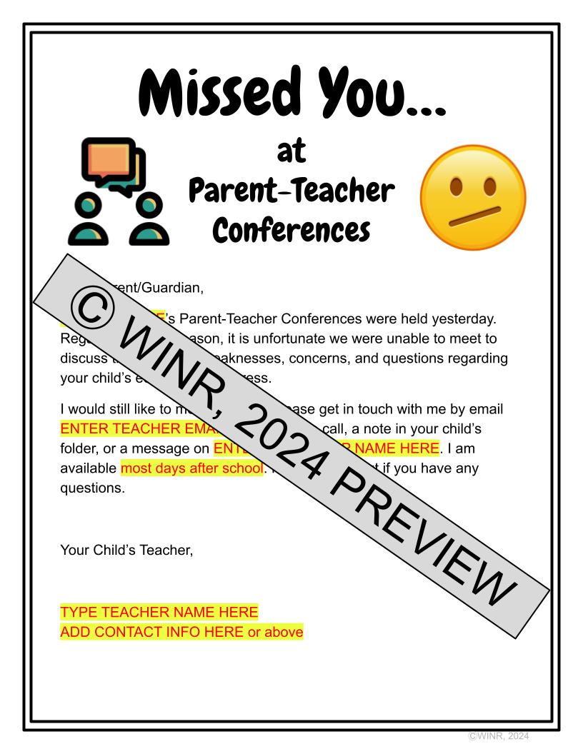 EDITABLE MS/HS Parent-Teacher Conf Notes Template & Missed You pg Google Slide