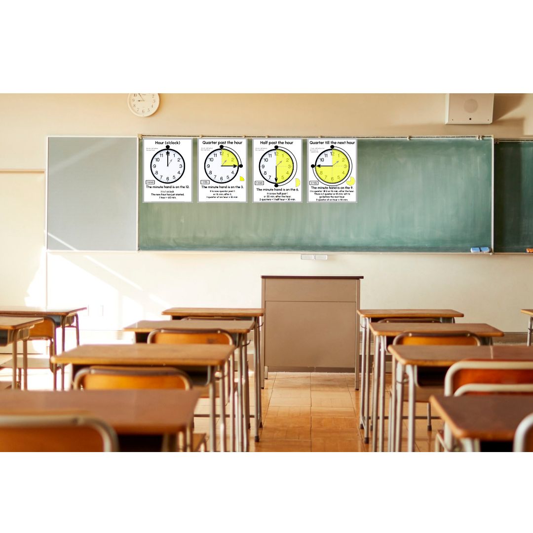 BUNDLE - Telling Time Posters & Worksheets (Hour, Quarter Past, Half Past, Quarter 'till) Read Analog Clock and Draw Hands