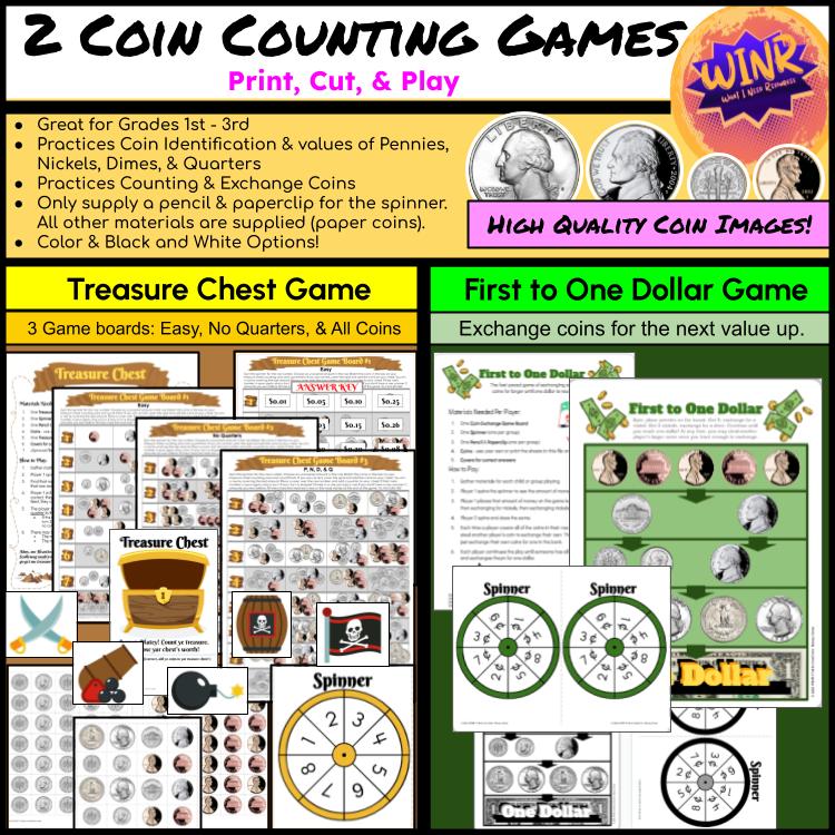 Treasure Chest & First to One Dollar --- 2 Coin Counting Games - Penny Nickel Dime Quarter, exchange, value, money, ID