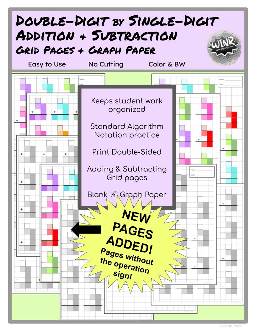 BUNDLE Addition & Subtraction Grid Paper, single digit to 4x4-digits, Blank 1/2 in. Grid Paper + BONUS