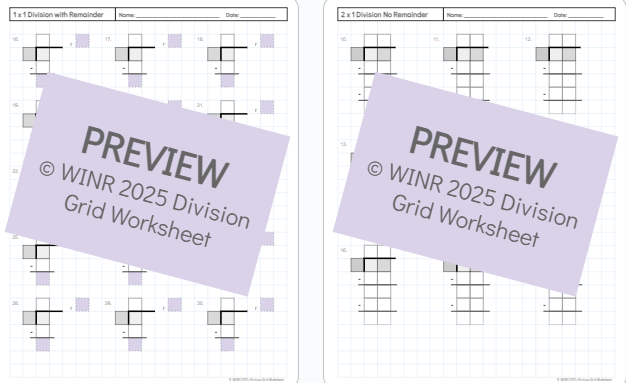Long Division Practice Grid Worksheets 1÷1-digit, 2÷1-digit, 2÷2-digit, 3÷1-digit, 3÷2-digit, &  3÷3-digit -- Standard Algorithm --