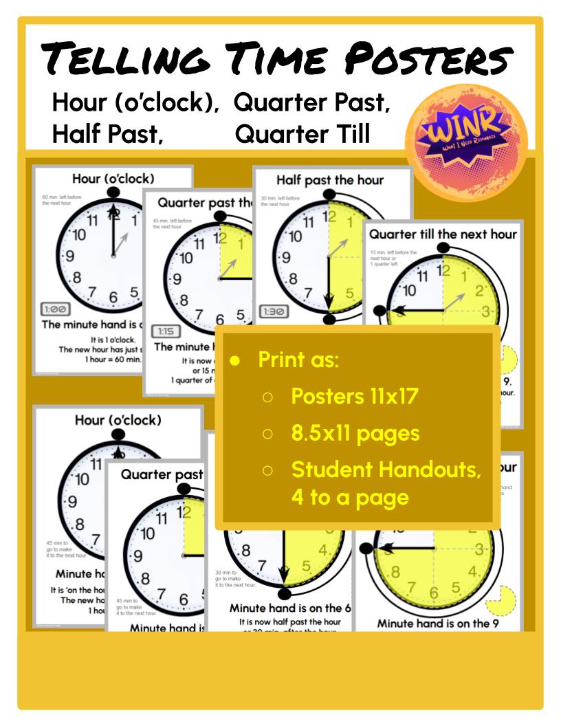 BUNDLE - Telling Time Posters & Worksheets (Hour, Quarter Past, Half Past, Quarter 'till) Read Analog Clock and Draw Hands