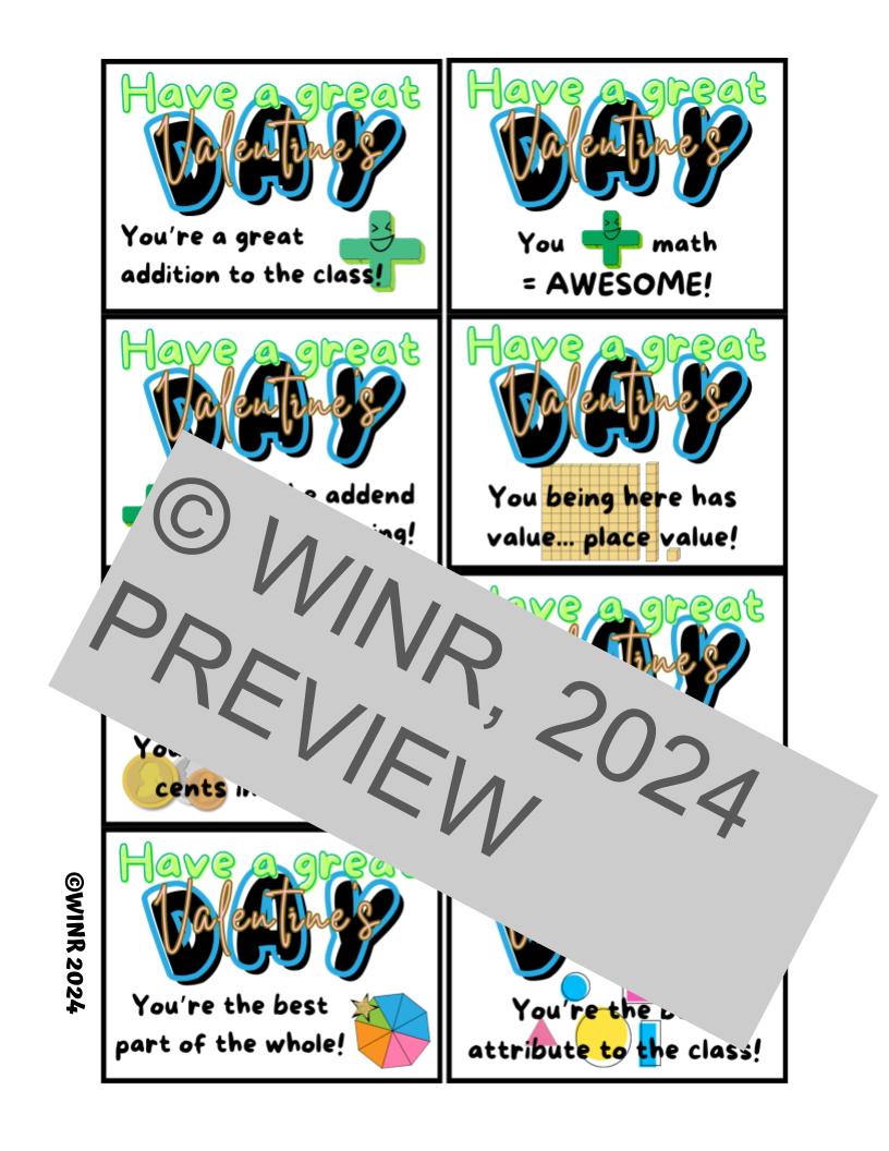 Welcome, Valentine's, Positive Message MATH CARDS - 8 different math puns!