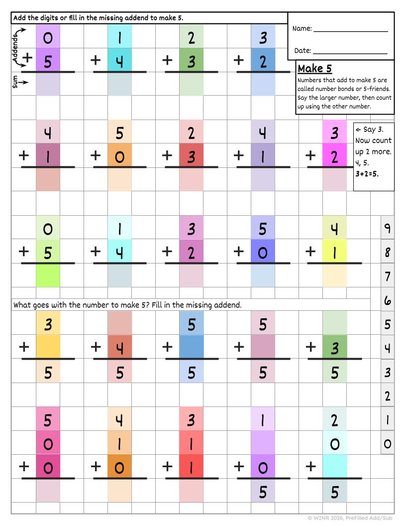 Pre-Filled SINGLE DIGIT Addition Subtraction Grid Paper Practice 50+ pages!