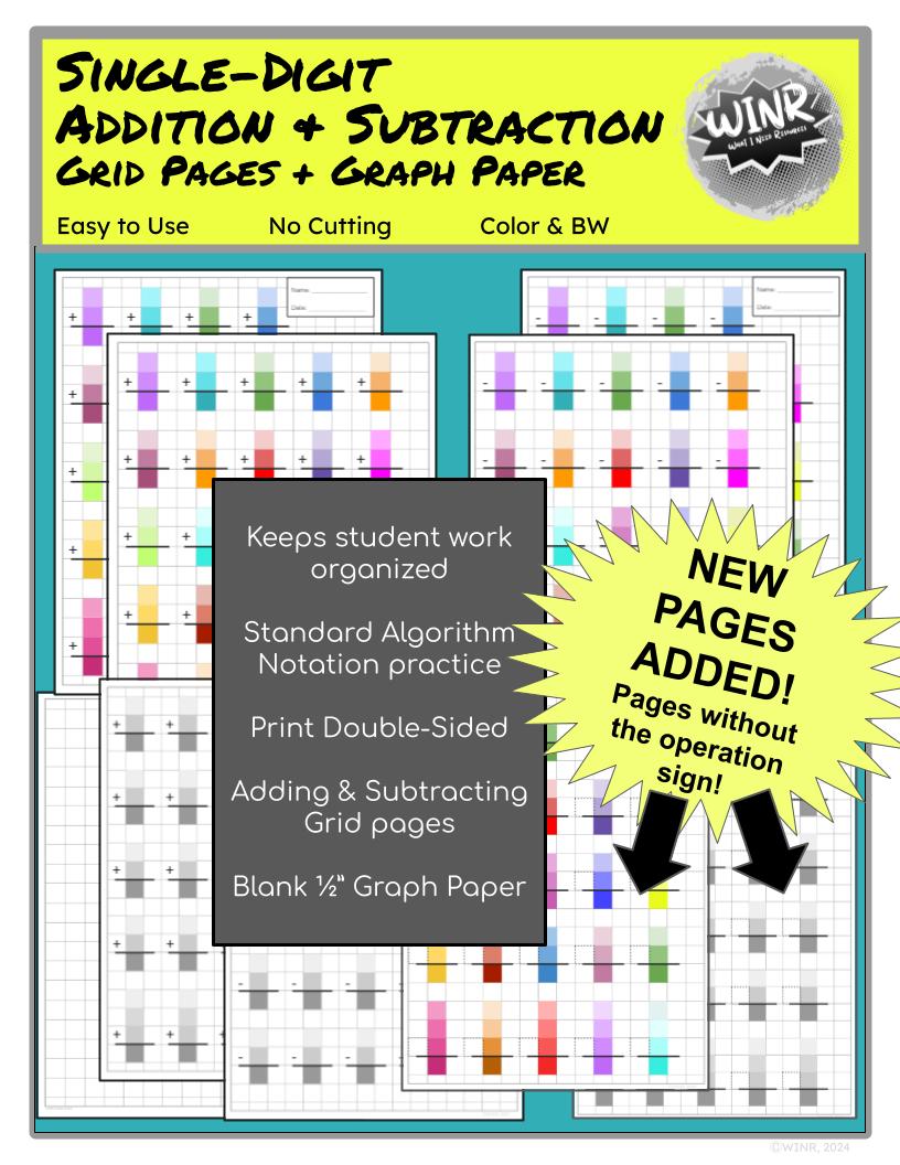 BUNDLE Addition & Subtraction Grid Paper, single digit to 4x4-digits, Blank 1/2 in. Grid Paper + BONUS