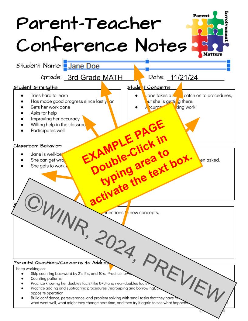 EDITABLE Elementary Parent-Teacher Conference Notes Template & Missed You page
