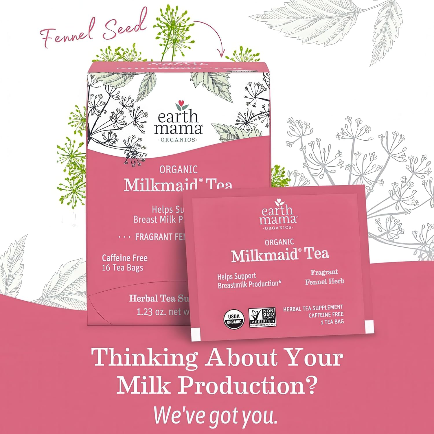 Té Earth Mama Organic Milkmaid® | Bolsitas de té de hierbas para apoyo a la lactancia, suplemento de lactancia descafeinado para aumentar la producción de leche materna, con cardo mariano y fenogreco