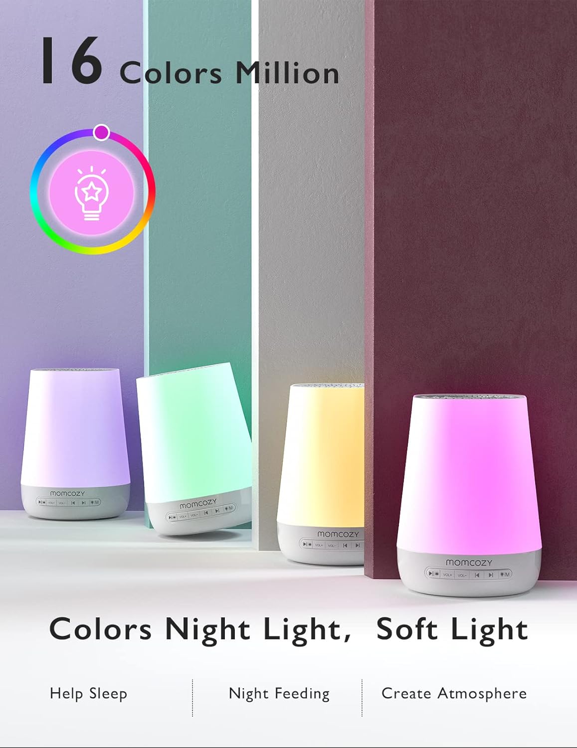 Máquina de Sonidos para Bebés, Momcozy Máquina de Ruido Blanco para Dormir Bebés con Luz Nocturna, Entrenador de Sueño para Niños Pequeños con 34 Sonidos Relajantes, Temporizador, Control Remoto por Aplicación, Rutina de Sueño Personalizada