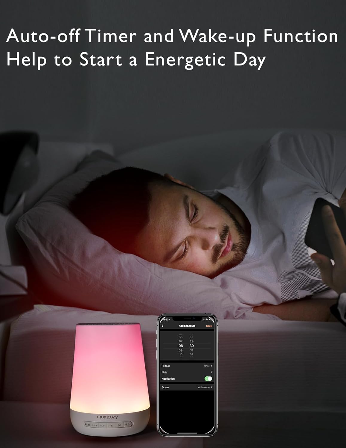 Máquina de Sonidos para Bebés, Momcozy Máquina de Ruido Blanco para Dormir Bebés con Luz Nocturna, Entrenador de Sueño para Niños Pequeños con 34 Sonidos Relajantes, Temporizador, Control Remoto por Aplicación, Rutina de Sueño Personalizada