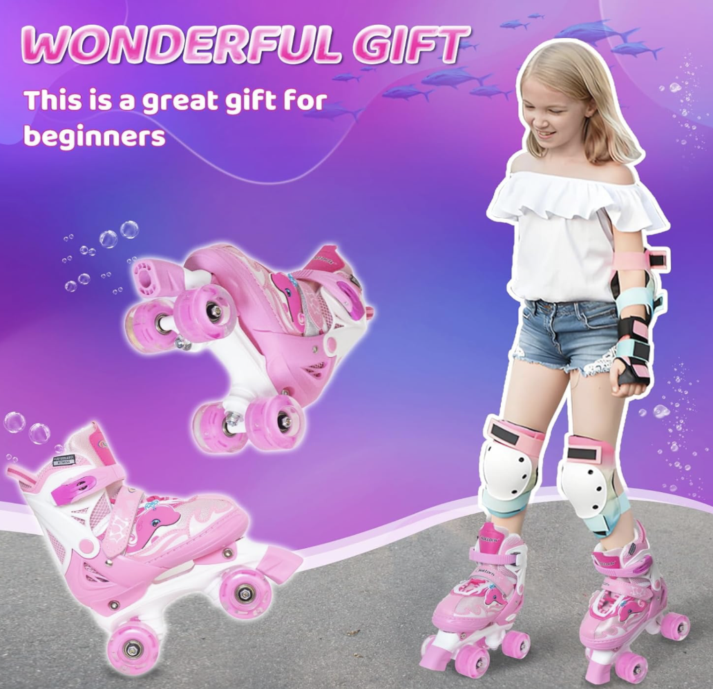 Patines de cuatro ruedas delfin rosado talla Small(10C-13C)