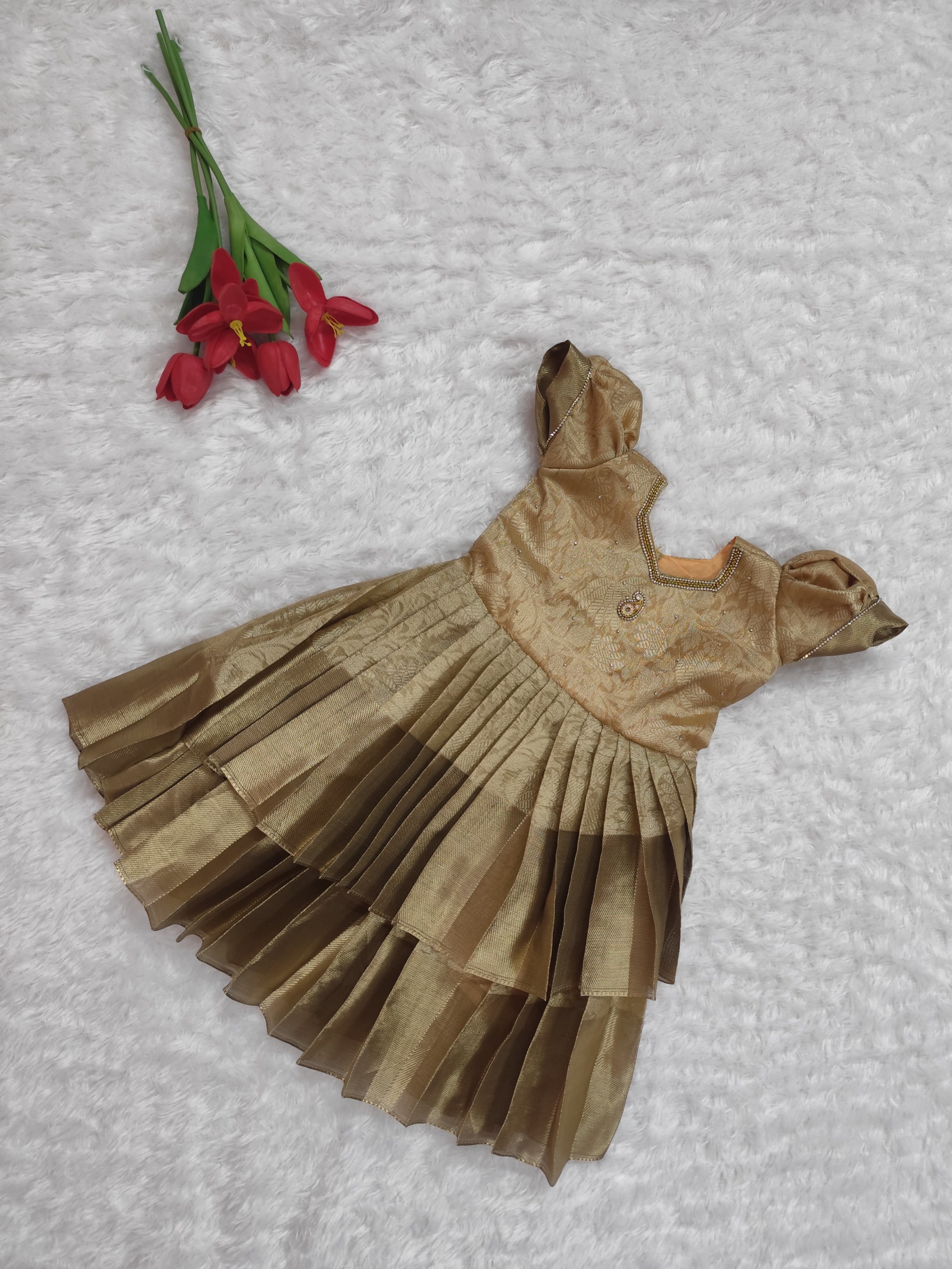 Elegant Gold Pleated Dress for Girls
