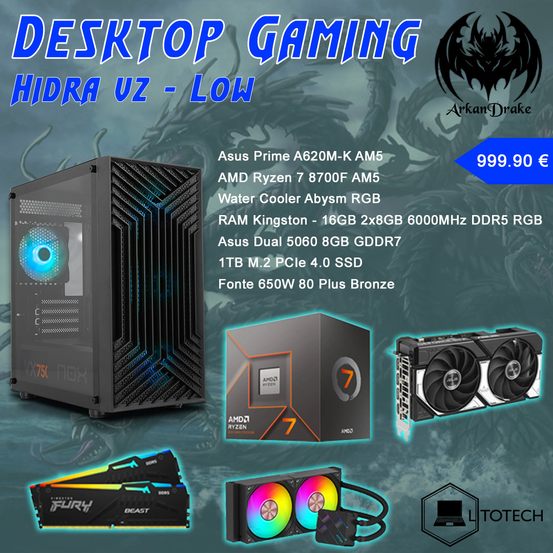 Pack Desktop Gaming Hidra V2 Low Ryzen 7 8700F, RTX5060, 16GB, 1TB