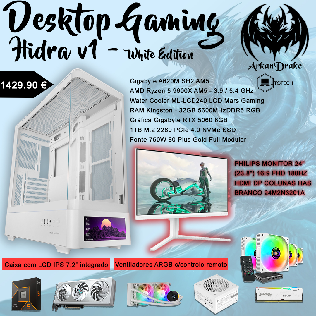 Pack Desktop Gaming Hidra V1 White Ryzen 5 9600X, RTX5060, 32GB RAM + Monitor