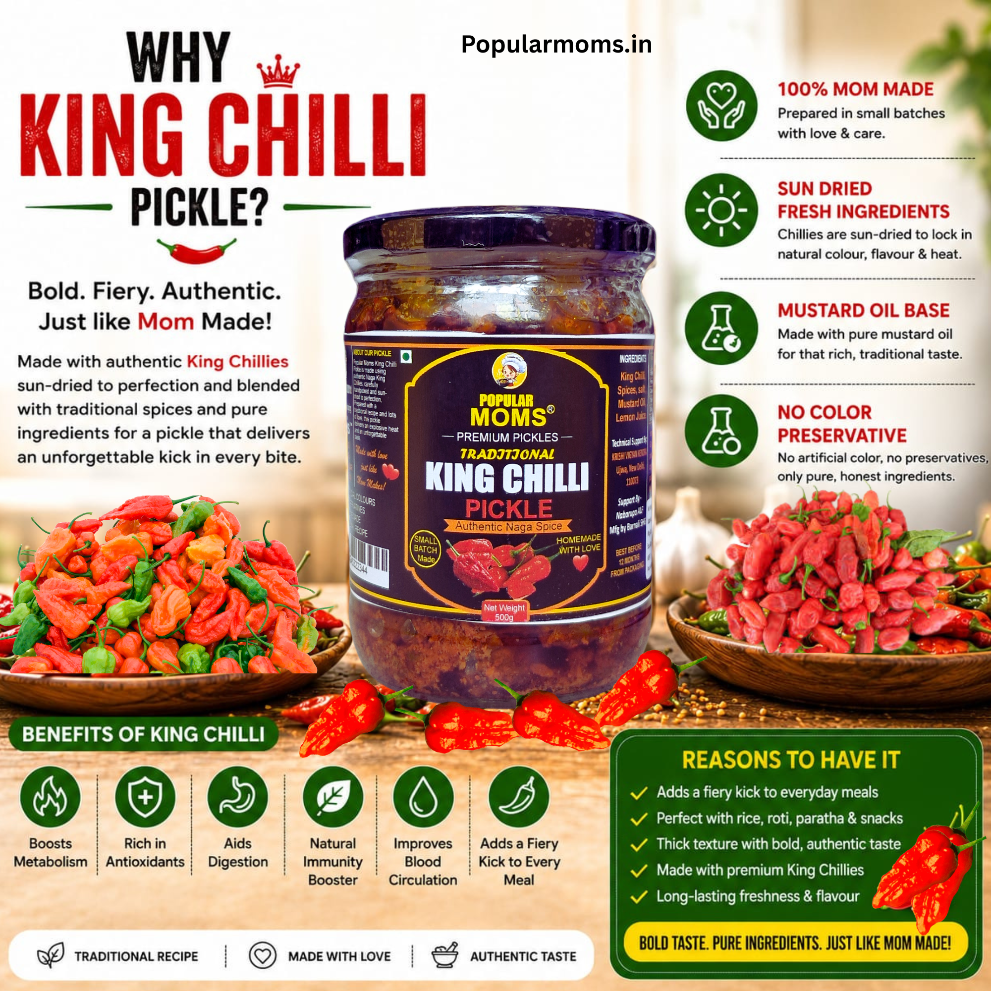 Popular Moms King Chilli Pickle  | Naga Chilli | Homemade Traditional Achar | Glass Jar Packed 500g