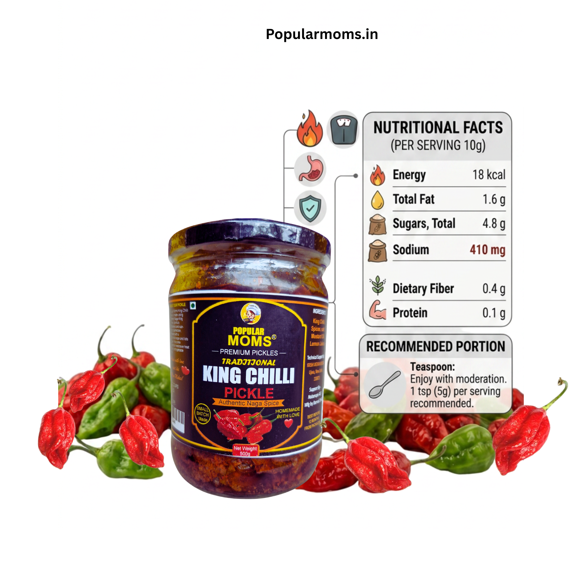 Popular Moms King Chilli Pickle  | Naga Chilli | Homemade Traditional Achar | Glass Jar Packed 500g