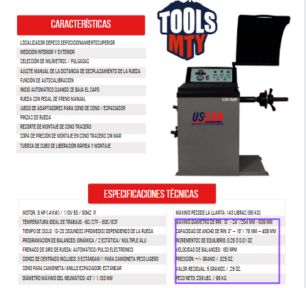 Balanceadora de llantas CB150P hasta llanta 34"