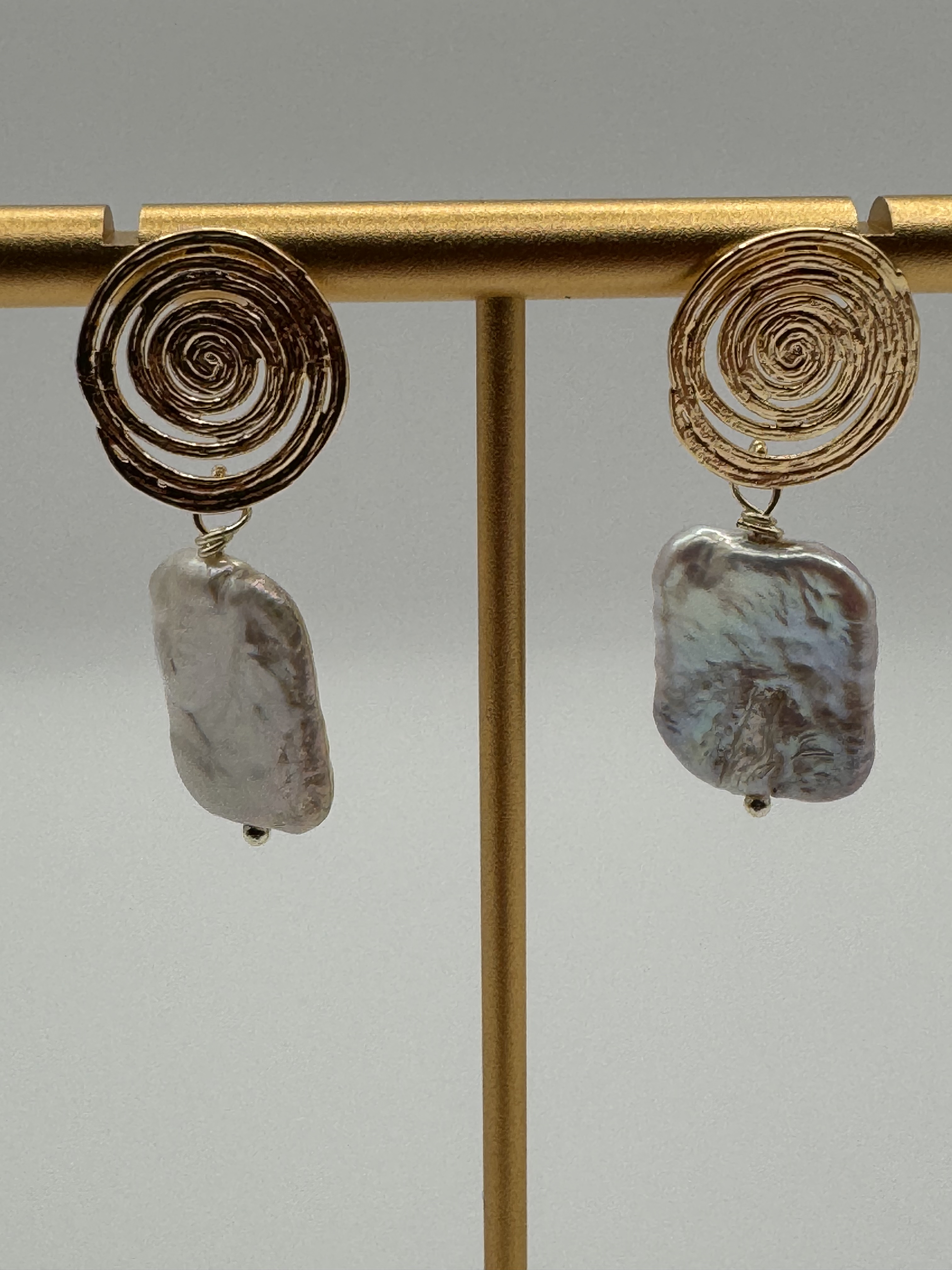 Gold Spiral Baroque Pearl Earrings