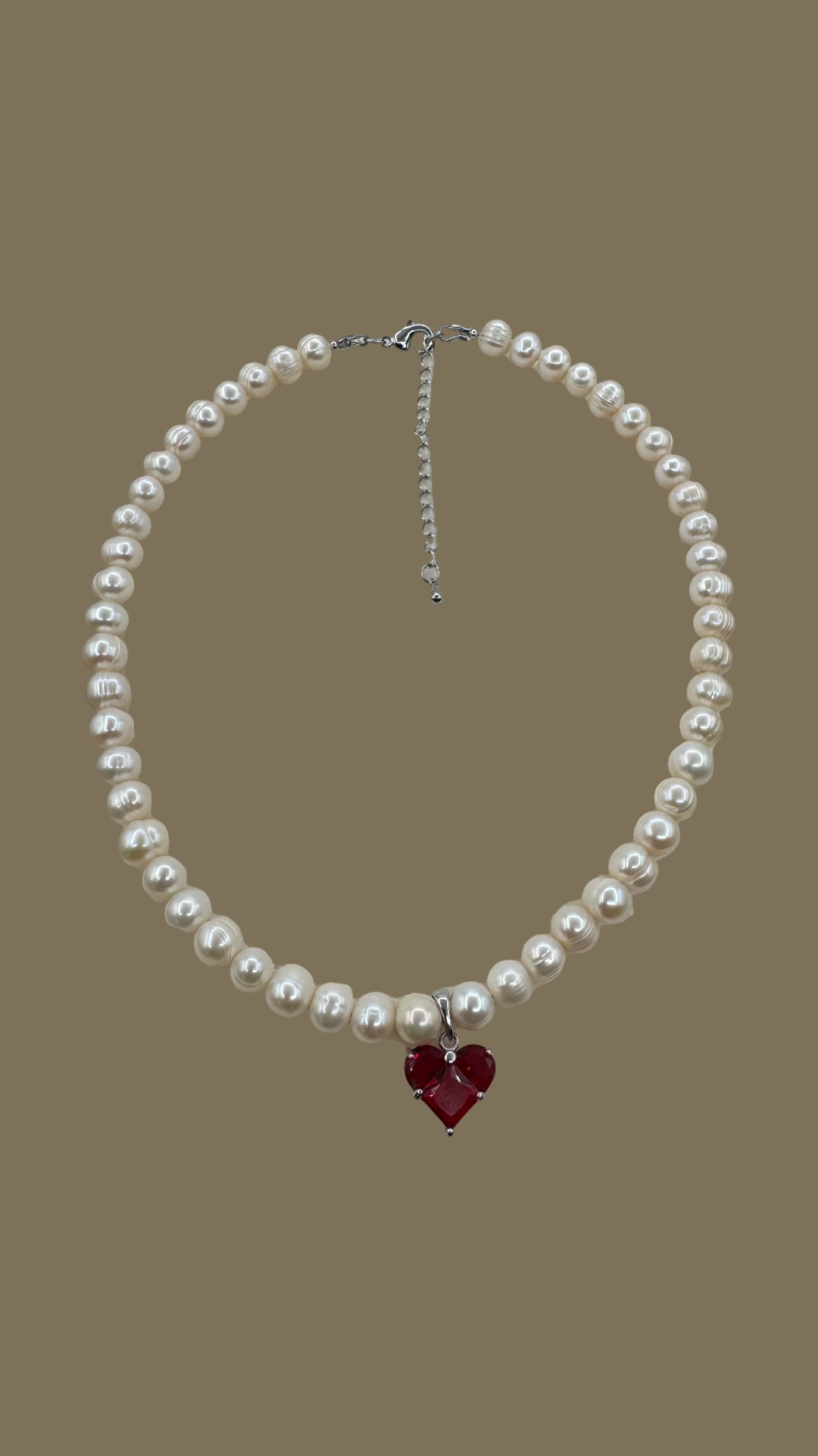 Pearl Necklace with Red Heart Pendant