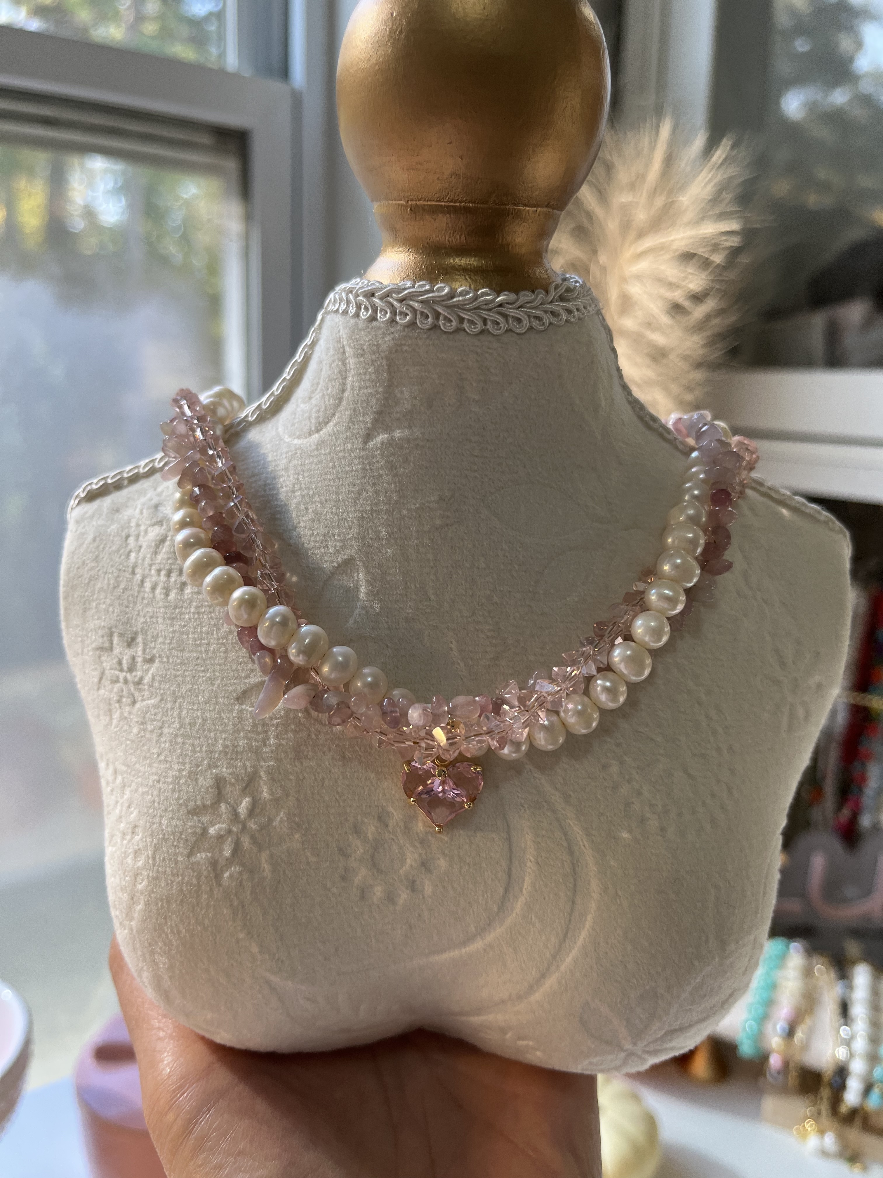 Elegant Pear, Pink Crystal and Pink Quartz Necklace