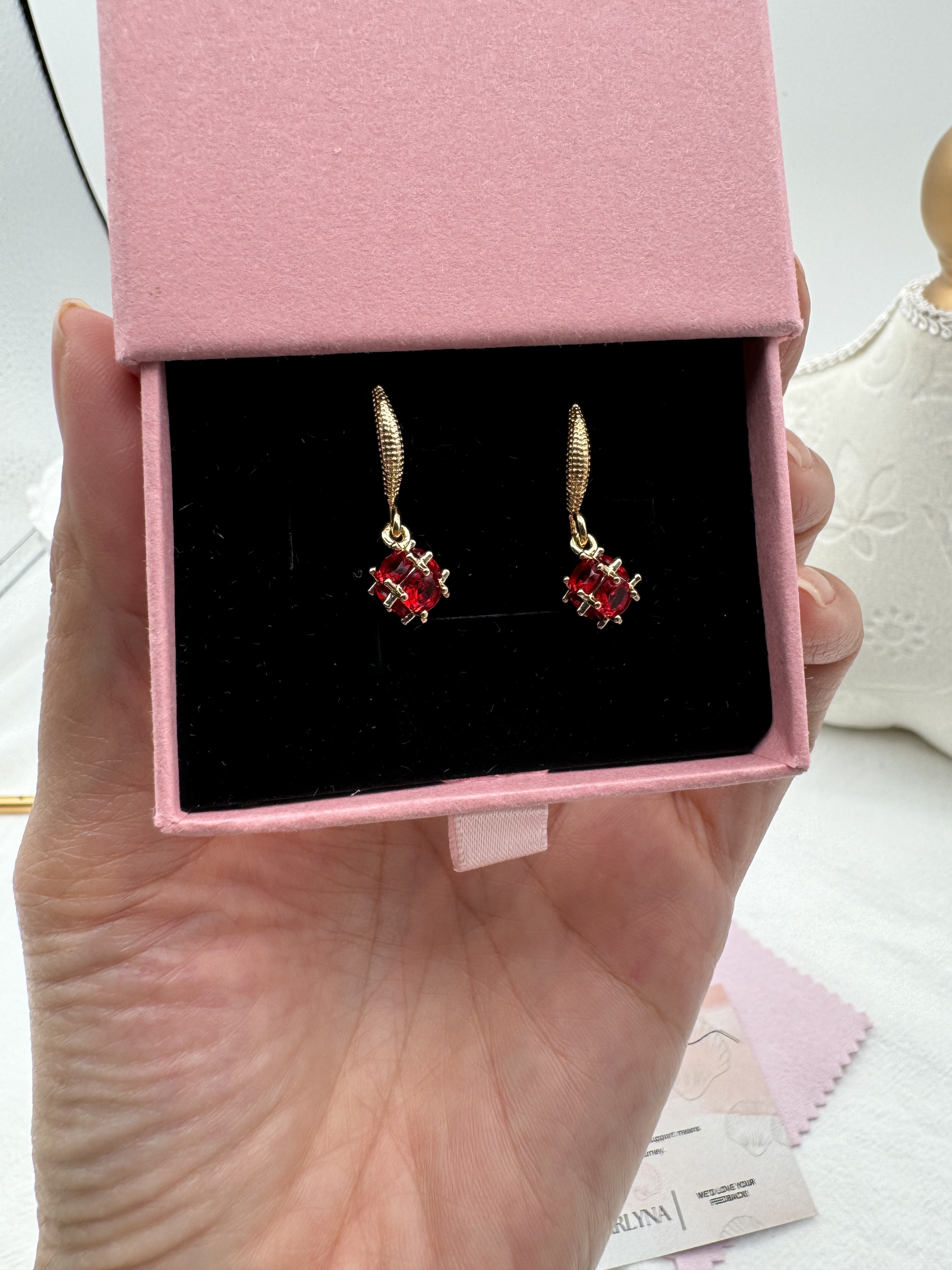 Gold Earrings with Red Gemstone