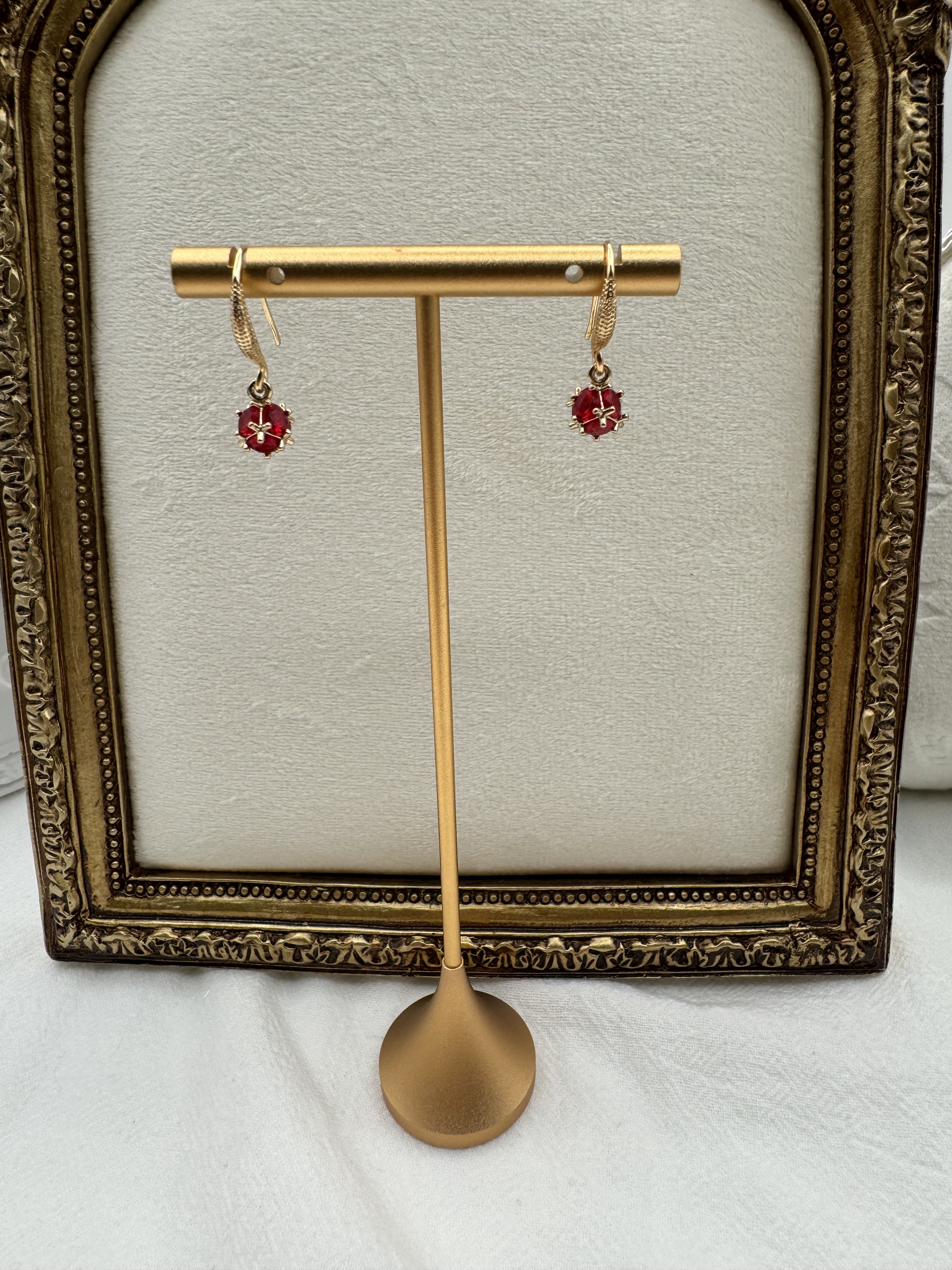 Gold Earrings with Red Gemstone