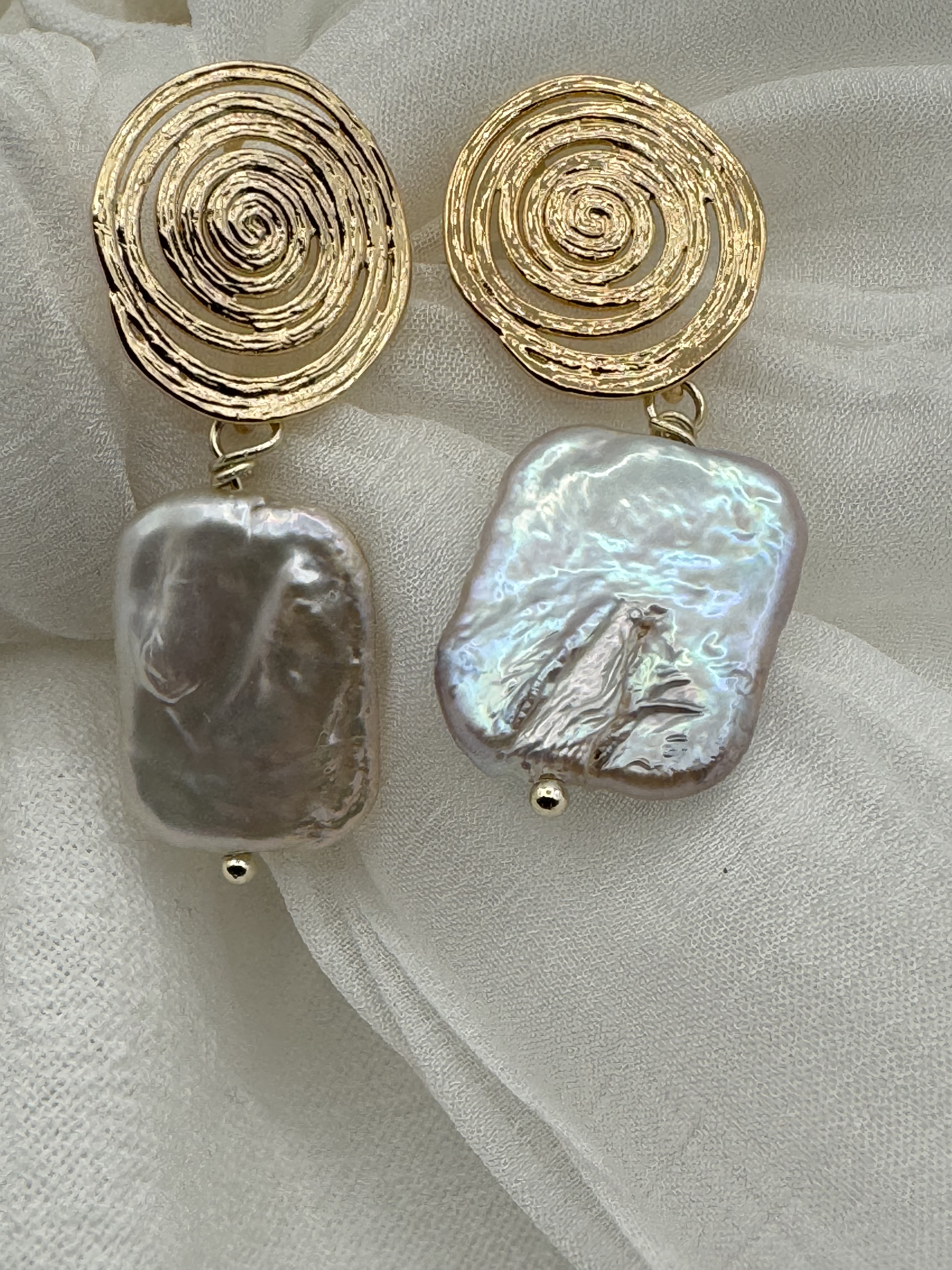 Gold Spiral Baroque Pearl Earrings