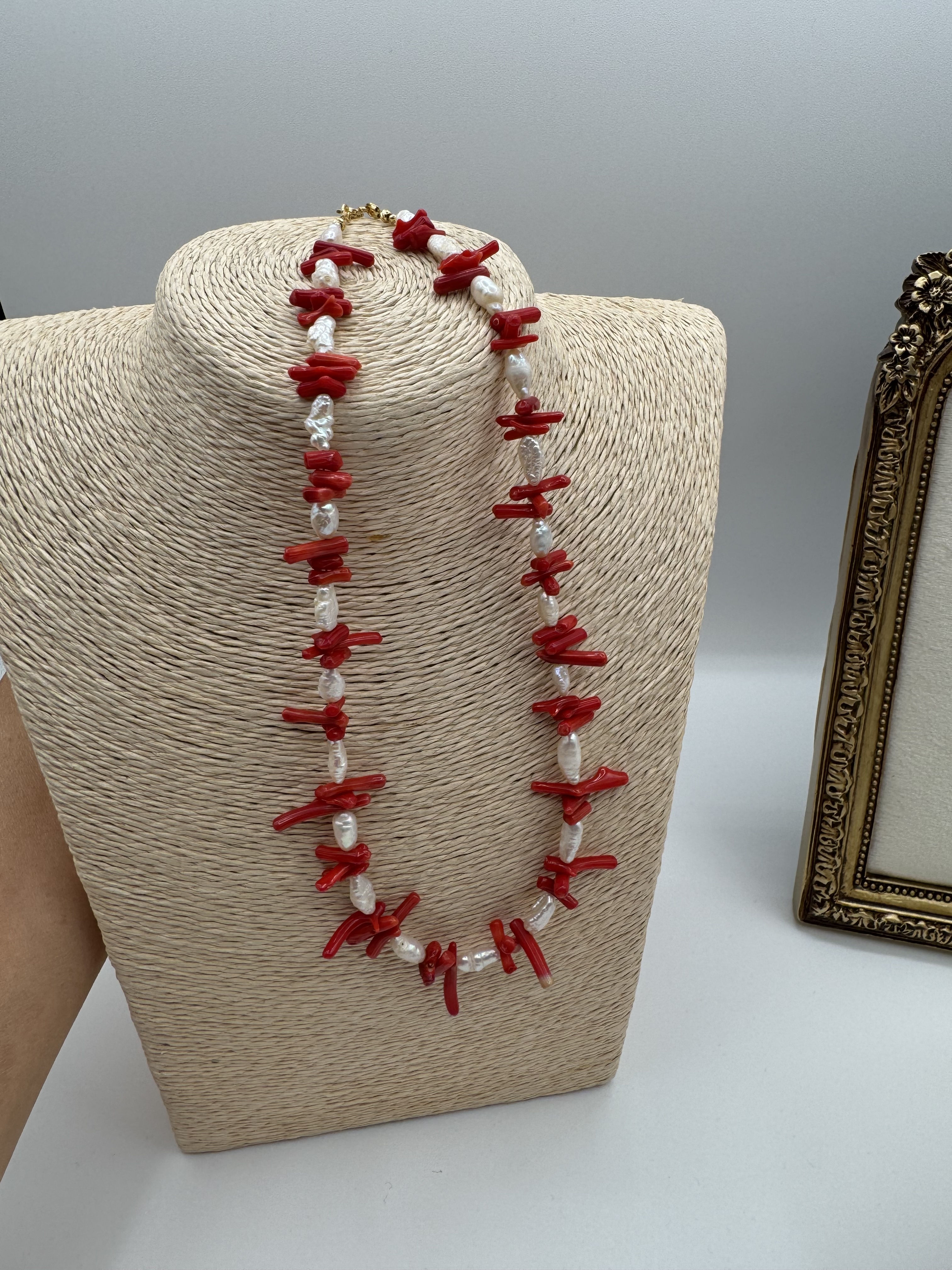 Handmade Red Coral  and freshwater pearl Necklace