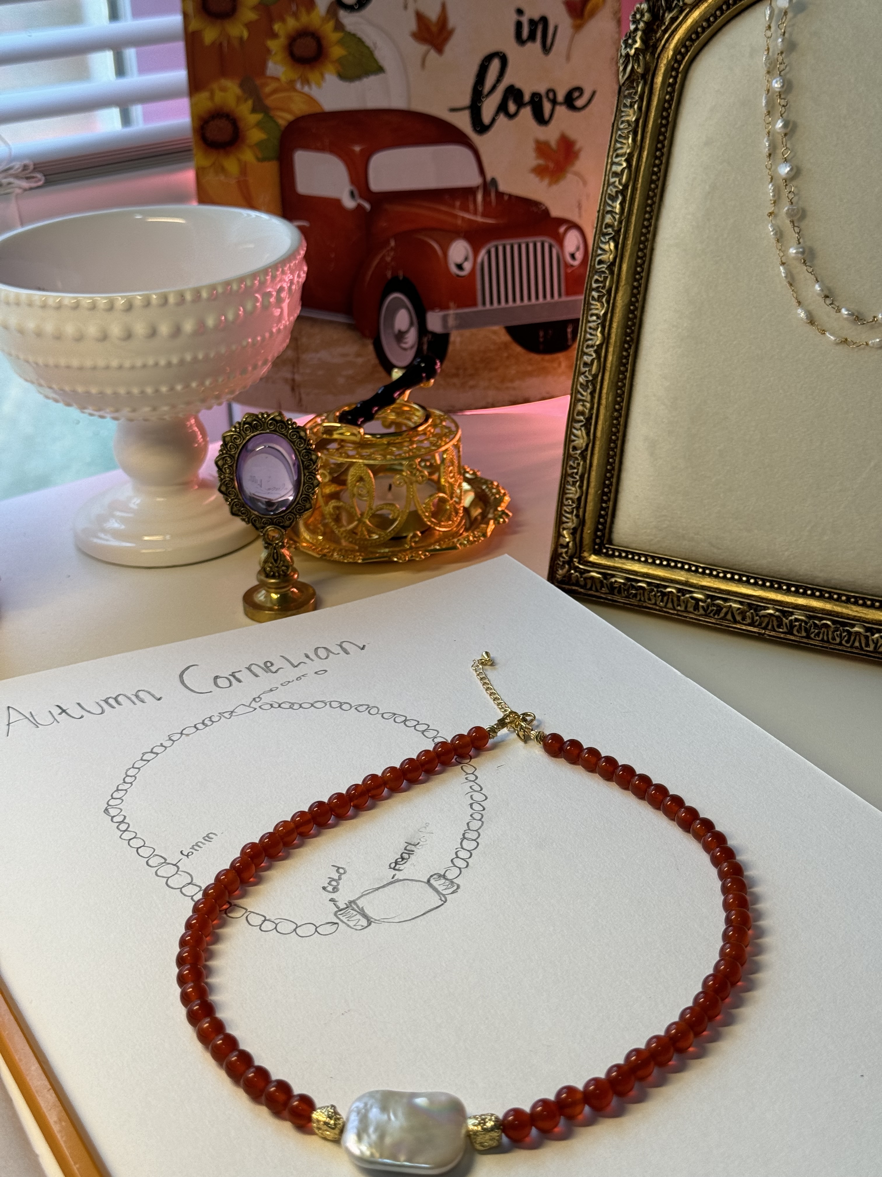 Red Agate Beaded Pearl Necklace