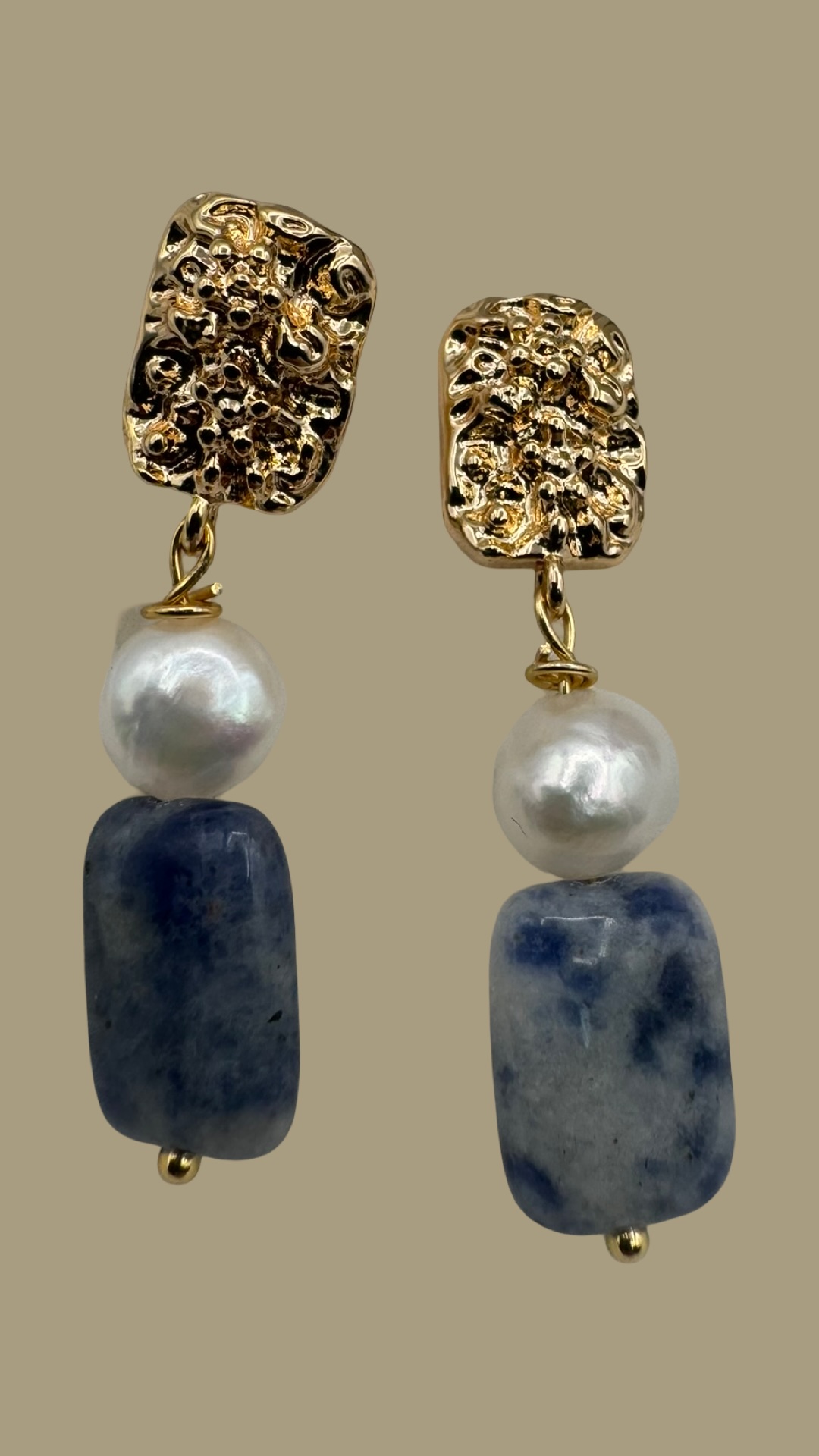 Handcrafted Gold, Pearl, and blue sodalite Earrings